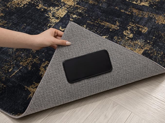 Sasttie 2x6 Runner Rug, Modern Abstract Hallway Carpet, Black & Gold | Machine Washable, Ultra-Soft Faux Wool, Low Pile, Non-Slip, Thin, for Entrance, Entryway, Kitchen & Laundry Room