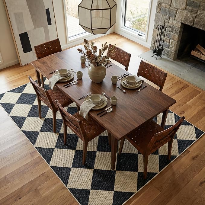 GarveeHome 4x6 Modern Checkered Area Rug Black Washable Rug for Nursery | Bedroom Soft Low Pile Non Slip Diamond Floor Mat Plaid Print Throw Rug Indoor Carpet Dining Room Playroom