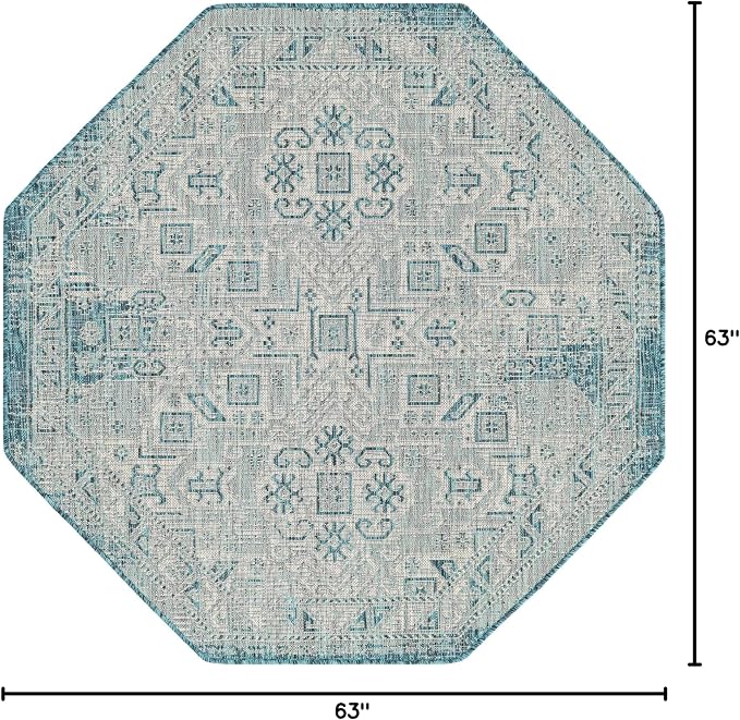 Unique Loom Outdoor Aztec Collection Area Rug - Coba (5' 3" Octagon, Teal/ Ivory)