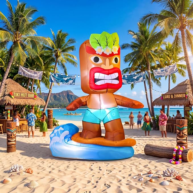 Shappy 5 Ft Inflatable Surfboard Lighted Blow up Tiki Hawaiian Party Decor | Luau Tropical Inflatables Giant Outdoor LED Tiki Blow up Aloha Bar Beach Summer Pool Surfing Party Decorations
