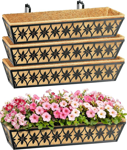 30 Inch Window Boxes Planters Railing Planter Box - 4 Pack Deck Railing Planter Boxes with Adjustable Brackets Coco Liners Balcony Planters Railing Hanging for Window Flower Boxes Outdoor Garden Decor