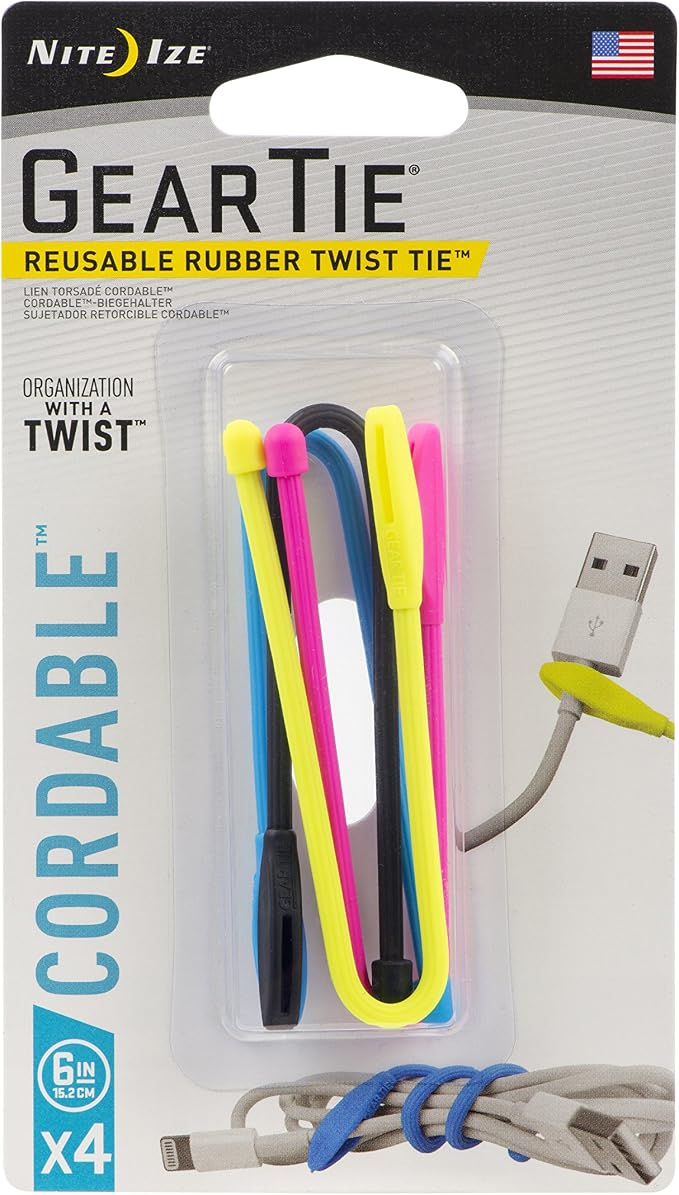 Nite Ize Gear Tie Cordable, The Orginal Reusable Rubber Twist Tie, 4 Pack, Made in the USA & GT3-4PK-31 Original Gear Rubber Twist Tie, 3" - 4-Pack, Bright Orange, 4 Count