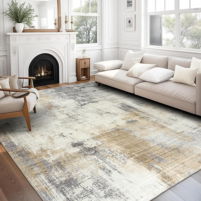 Machine Washable Area Rug - Living Room Bedroom Bathroom Kitchen Entryway Office - Padded Low Pile Stain Resistant Premium - Modern Abstract Contemporary - Quinn - Beige 7'6" x 9'6"