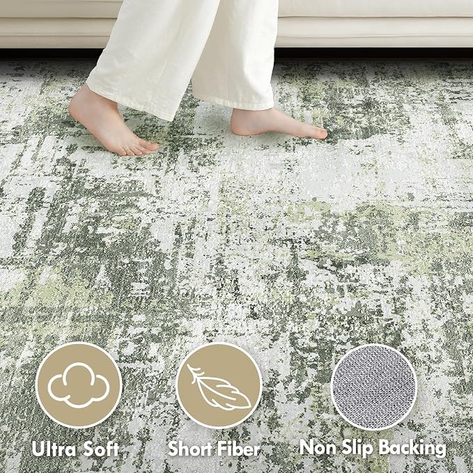 Tortania Washable 5x7 Area Rug for Living Room: Modern Abstract Neutral Large Soft Thin Rugs - Non Slip Indoor Carpet for Bedroom Dining Room Office Nursery Home Floor Decoration - Green