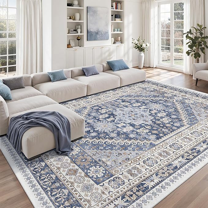 8x10 Area Rugs for Living Room,Large Washable Rug,Blue | Rugs for Bedroom,Dining Room,Office,Low Pile,Soft, Vintage Rug,Stain Resistant Indoor Carpet,Non Slip,Home Decor