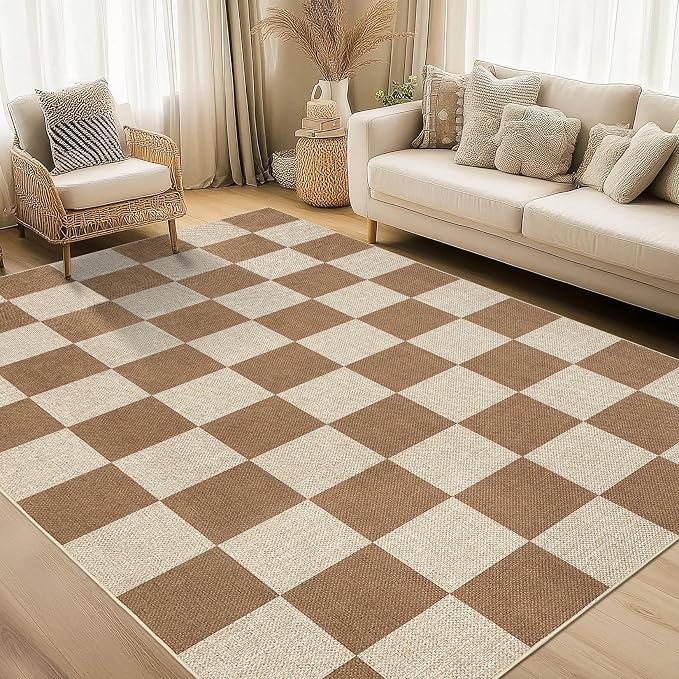 Garvee Easy Jute Outdoor Rug 5x7 Washable Modern Checkered Rugs，Brown | Living Room Non-Slip Farmhouse Checkered Outdoor Mat Neutral Floor Carpet for Bedroom Patio Dining Room Backyard