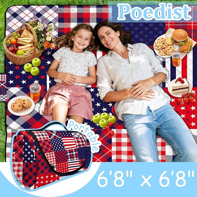 Poedist Extra Large Patriotic Picnic Blanket Waterproof,80"x 80"Foldable Machine Washable Beach Blanket,Outdoor Blanket for 6-8 Adults,Suitable for Indoor Crawling,Park,Camping,Hiking,Family Travel