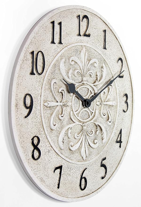 Infinity Instruments Blanc Fleur 15 inch Decorative Outdoor Wall Clock for Garage, Patio, Backyard, Outdoor Wall, Fence Vintage Ivory Antique Easy to Read Battery Operated
