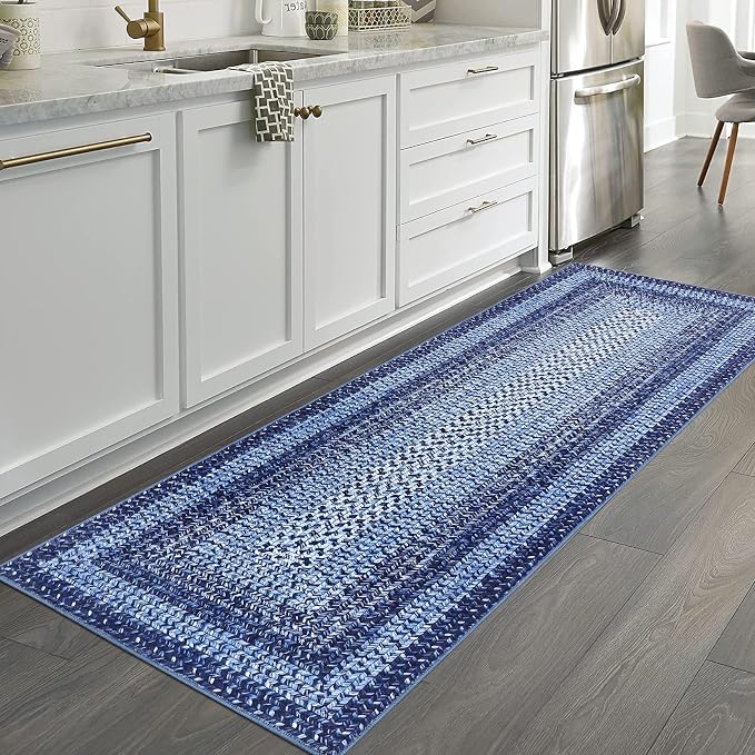 RUGSREAL Washable 2x10 Runner Rug for Hallway Kitchen Modern Runner Rugs | Long Runner Throw Carpet with Rubber Backing, Stain Resistant Braided Printed Entryway Carpet for Bedroom Living Room, Navy