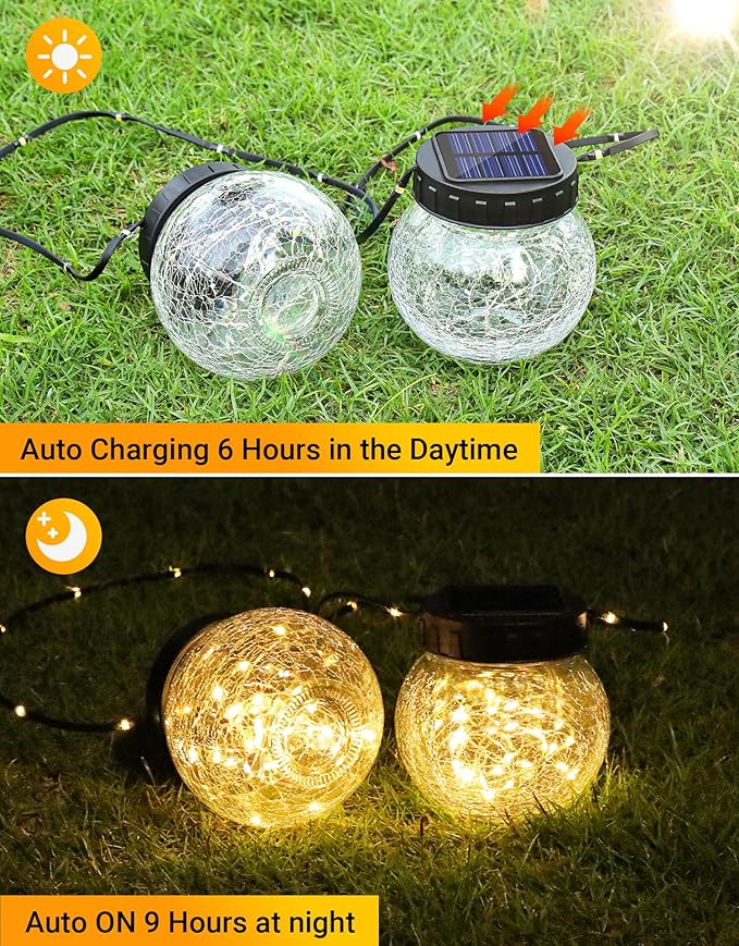 PARTPHONER Solar Lights Outdoor Waterproof 24-Pack, Solar Powered Hanging Lantern Cracked Glass Hanging Globes for Yard Decor Christmas Decoration, Shepherd Hook, Garden Tree Table Ornaments, Warm