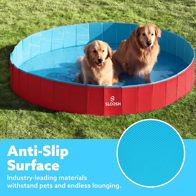 Sloosh Foldable Dog Pool - Portable Hard Plastic Doggie Swimming Pool, Anti-Slip Collapsible Pets Bath Tub Suitable for Indoor Outdoor Backyard Use (Red, 71" x 12")