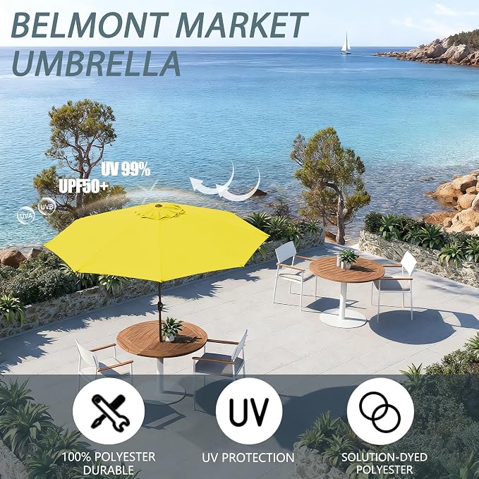 9FT Large Outdoor Patio Umbrella Pool Market Umbrella-UV Resistant, Easy Push Button Tilt and Crank, 8 Sturdy Ribs Heavy-Duty Table Umbrella for Deck, Backyard, Garden(Yellow)