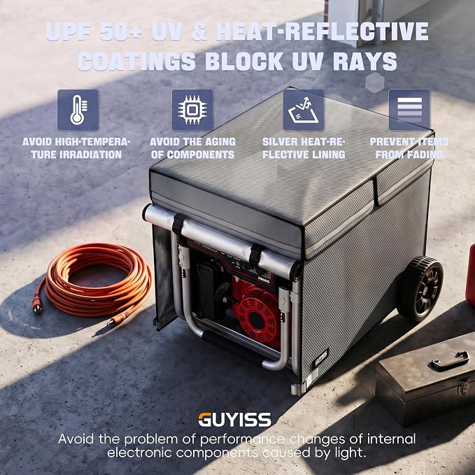 Running Generator Cover. Running Generator Cover, 38x28x27 Inch, Top Can Be Opened, 100% Heavy Duty Waterproof Oxford Fabric. Suitable for Most Generators Cover 10,000 Watts. Gray