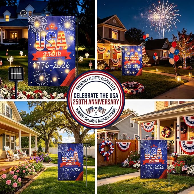 250 Anniversary USA Garden Flags-1776-2026 Double Side 12x18 Inch Patriotic 4th of July Decorations for Outside Flags with Lights- Solar LED Burlap US Flag for Memorial Day Decorations