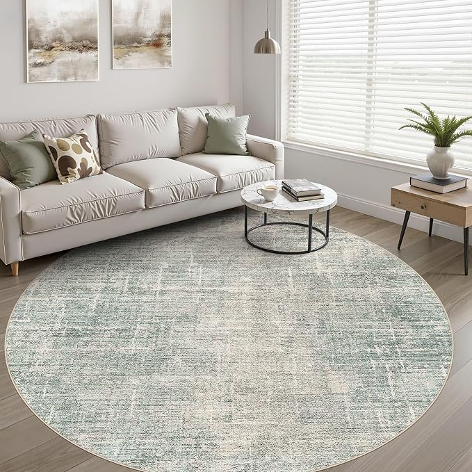 LOONGRUG Round Rug 8x8 Washable Neutral Modern Rug for Living Room Green | Circle Large Abstract Soft Stain Resistant Indoor Non-Slip Carpet for Bedroom Nursery Kids Office Dining Room