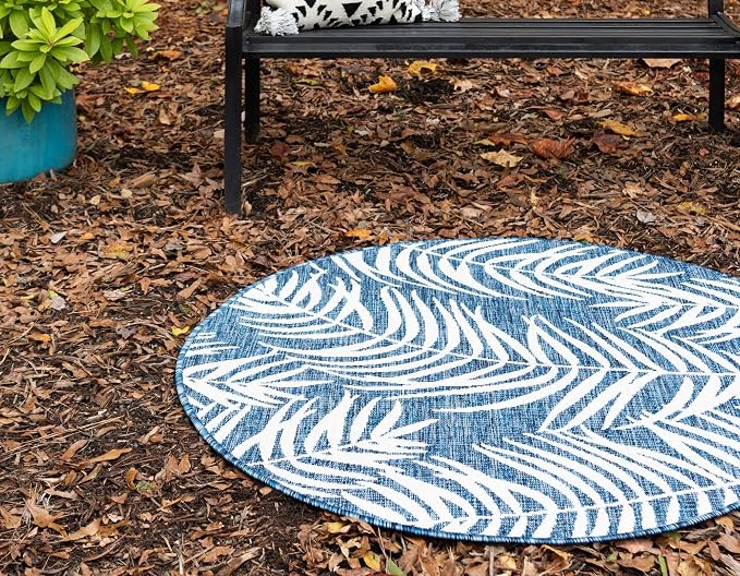 Unique Loom Outdoor Botanical Collection Area Rug - Palm (4' 1" Round, Blue/ Navy Blue)