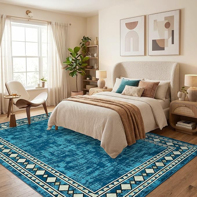 Garvee 5x7 Area Rugs Vintage Border Washable Rugs Living Room, Teal | Boho Area Rug Stain Resistant Easy Cleaning Throw Rugs Non Shedding Low Pile Floor Cover for Nursery Dining Room