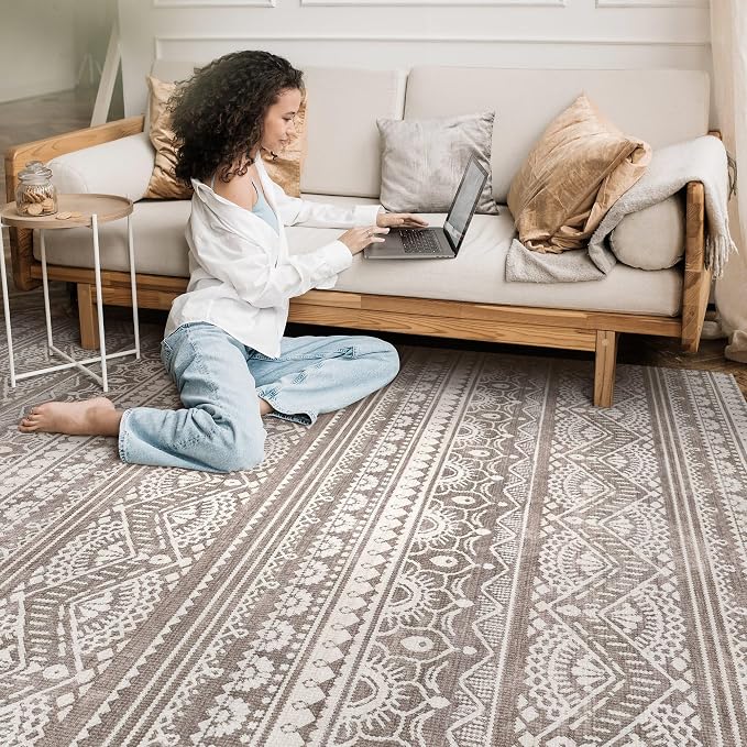 Tortania Area Rug Living Room Rugs - 9x12 Washable Large Soft Neutral Boho Moroccan Bohemian Farmhouse Rug Indoor Floor Carpet for Bedroom Under Dining Table Home Office Decor - Dark Brown