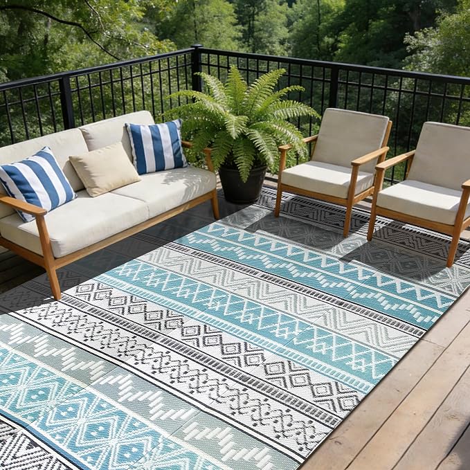 Outdoor Rug 9 x 12 ft, Reversible Plastic Straw Rug for Patio, Waterproof Large Outdoor Carpet for RV, Patio, Camping, Backyard, Deck, Picnic, Beach, Blue & Grey