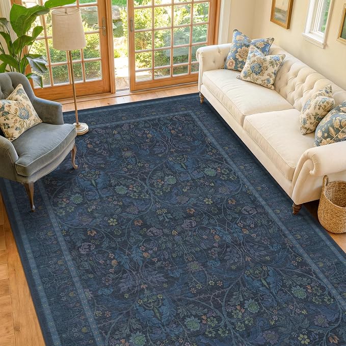 6x9 Rugs for Living Room Non Slip, Low Pile Soft Navy Blue Rugs for Bedroom, Floral Washable Dining Room Carpet, Dark Blue Victorian Mats