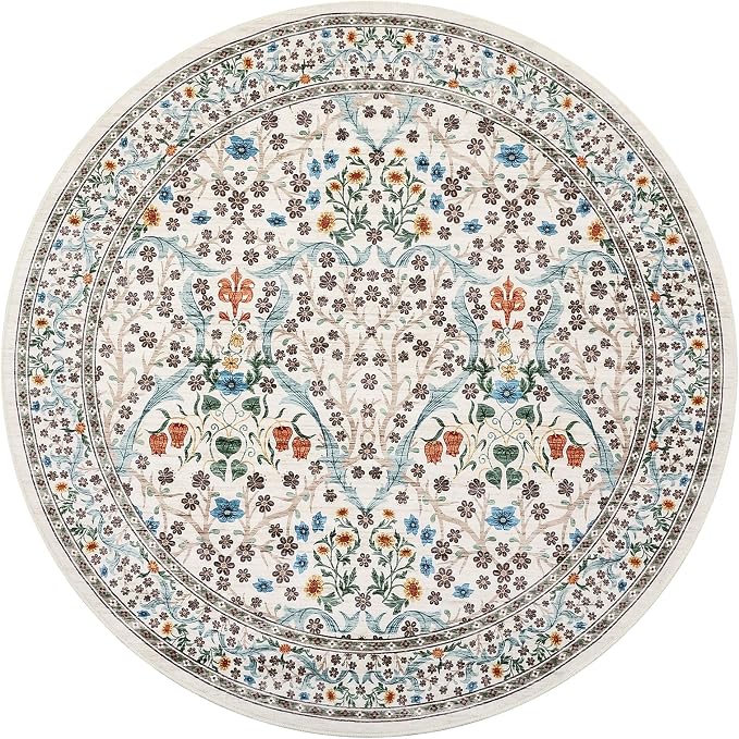 GarveeHome Beige Ivory Floral 4 ft Round Rug Washable Non-Slip Soft Low Pile Small Circle Carpet Vintage Rugs for Kitchen Bedroom Nursery Dining Living Room