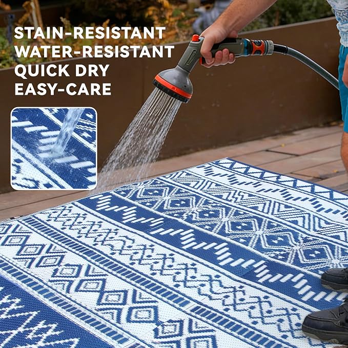 Outdoor Rug 9 x 12 ft, Reversible Plastic Straw Rug for Patio, Waterproof Large Outdoor Carpet for RV, Patio, Camping, Backyard, Deck, Picnic, Beach, Navy & White