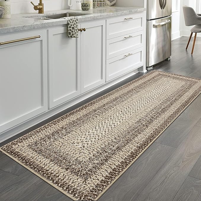 RUGSREAL Braided Print Runner Rug 2x8 Machine Washable Hallway Runner Rugs | Entryway Long Throw Carpet Non Slip Kitchen Mat Living Room Rustic Carpet for Bedroom Dining Room, Camel
