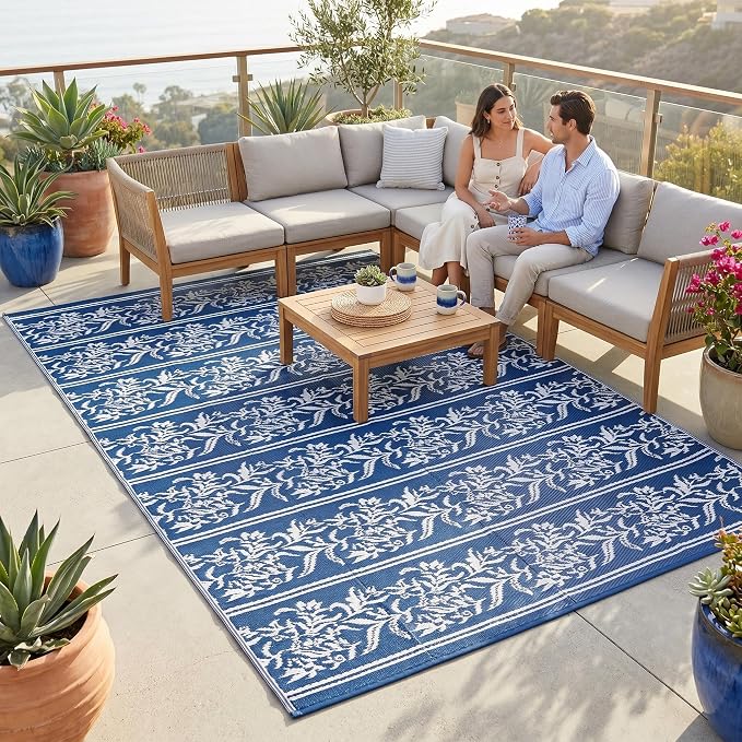 Garvee Outdoor Rugs 5x8 Waterproof Reversible Mat Boho Leaf Patio Rug with 4 Stakes and Starage Bag, Large Outdoor RV Mat Rugs for Camping, Picnic, Balcony, Deck, Backyard, Navy Blue & White