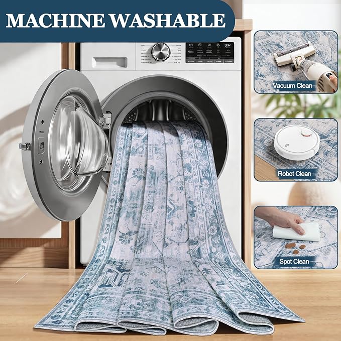 9x12 Washable Area Rugs for Living Room Blue Grey Non-Slip Rug | Vintage Medallion Rug，Soft Low Pile Large Rugs，Indoor Retro Carpet for Bedroom Nursery Dining Table Farmhouse Home Office