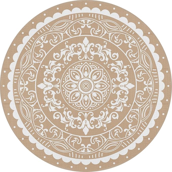 Pauwer Waterproof Outdoor Rug 6ft, Reversible Plastic Straw Patio Camping Rug, Indoor Outdoor RV Mat Carpet for Deck, Camper, Porch, Balcony, Backyard, Picnic, Paisley Brown