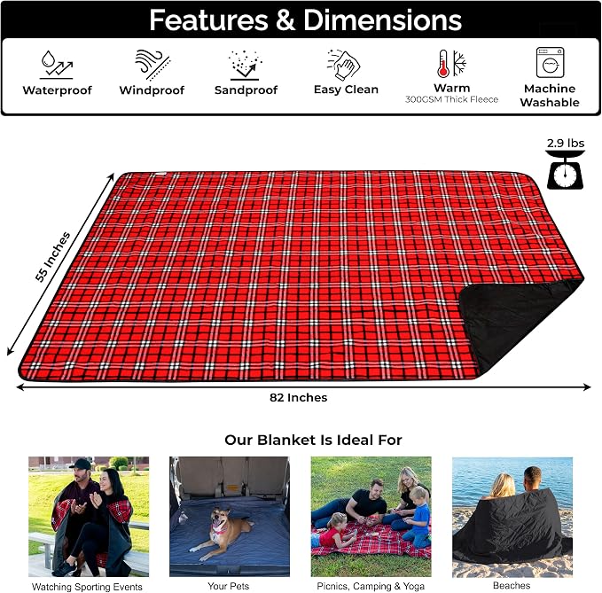 BRAWNTIDE Large Waterproof Outdoor Blanket, Extra Thick Fleece, Warm, Windproof & Sandproof, Quilted Stadium Blanket for Sports Events, Beach, Camping, Picnics, Dogs & Car, 82" x 55