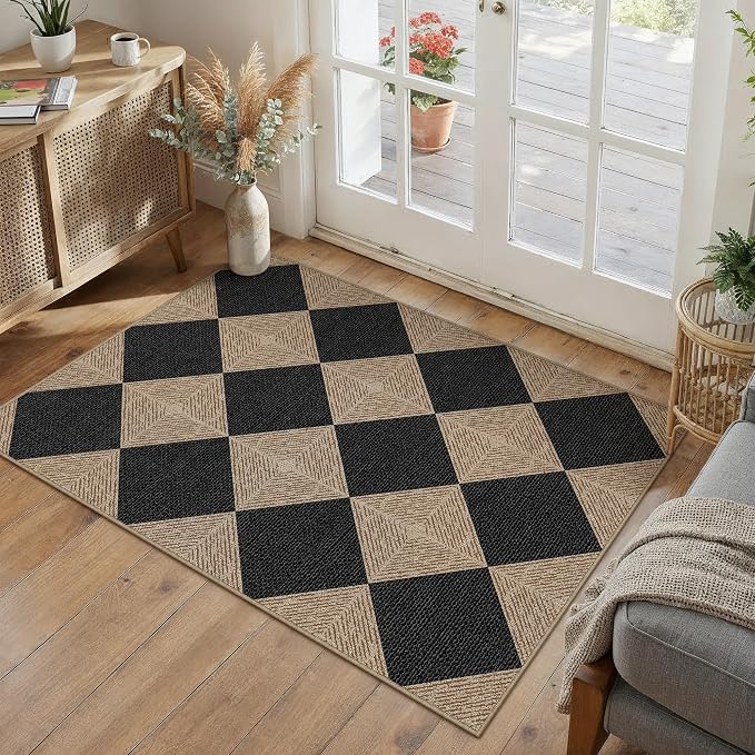 PureCozy 2x3 Checkered Easy Jute Kitchen Front Doormat Non Slip Washable Neutral Area Rug Textured Diamond Non Shedding Low Pile Black Checkerboard Floor Carpet for Farmhouse Entryway Porch Doorway