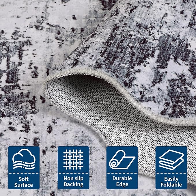 ROYHOME 8x10 Scalloped Modern Abstract Rug Faux Wool Accent Rug, Grey | Ultra Soft Machine Washable Rug Non Slip Non Shedding for Bedroom Dining Room Office Home
