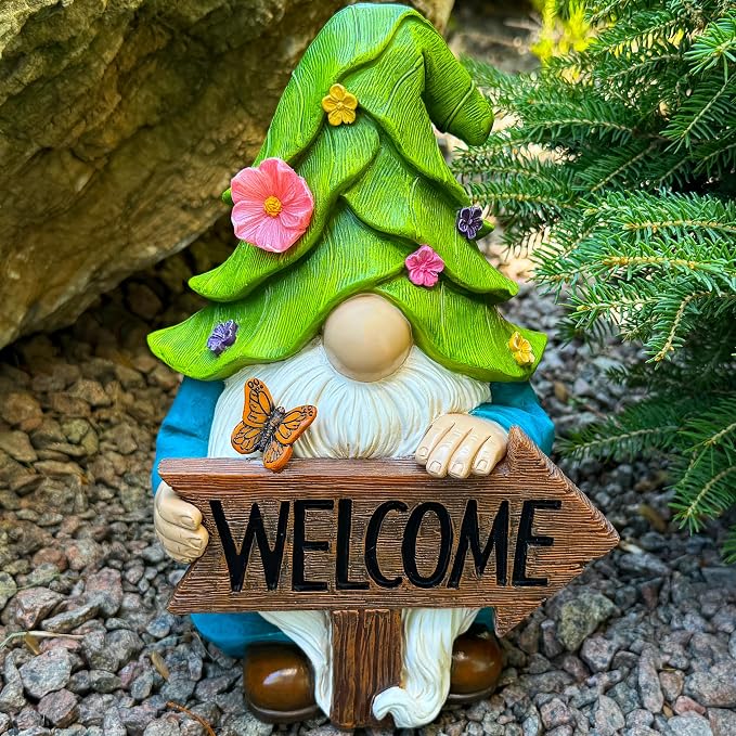 Mood Lab Garden Gnome - Solar Gnome Figurine with Welcome Sign - 9.1 Inch Decor Outdoor Lawn Statue with LED Lights