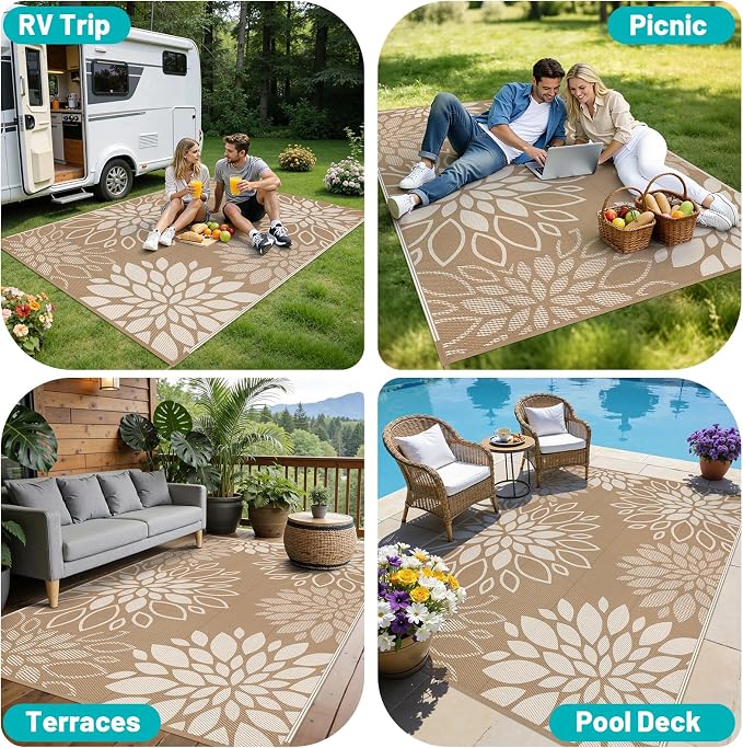 HEBE Waterproof Outdoor Rug 5x8 for Patios, Floral Reversible Plastic Straw Rug Patio Mat, Indoor Outdoor Carpet RV Mat Camping Rug for Deck, Camper, Porch, Balcony, Backyard, Picnic
