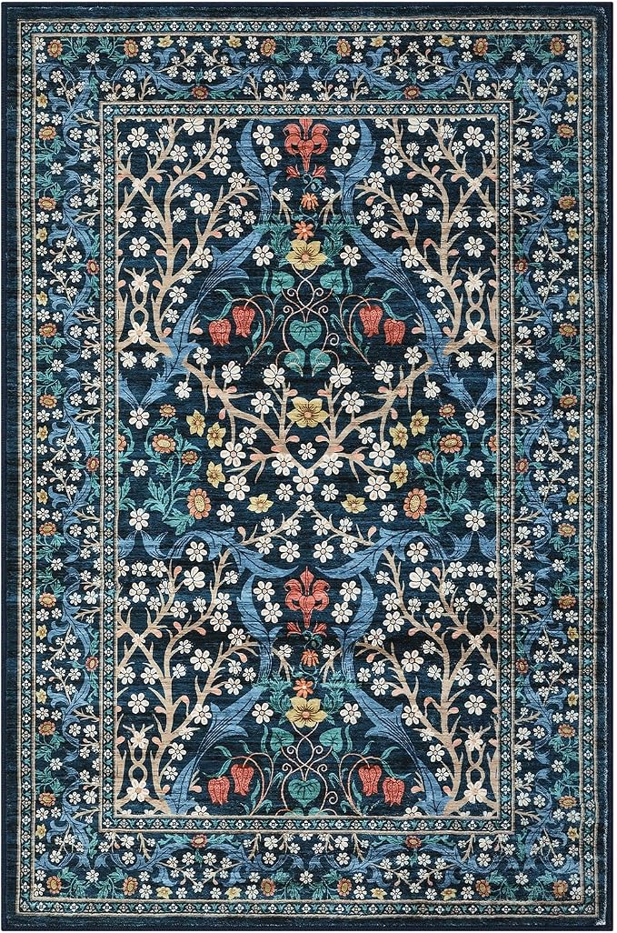 GarveeHome Blue Floral 2x3 Washable Rug Small Door Mat | Vintage Stain Resistant Rugs for Entryway Hallway Bedroom Bathroom Low-Pile Non-Slip Soft Botanical Boho Rug TPE Backing