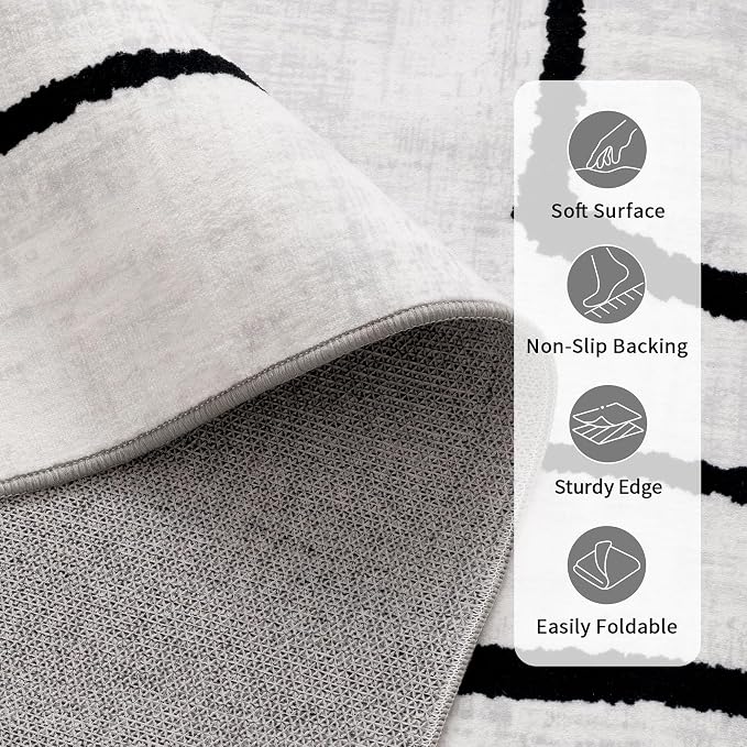 8x10 Washable Modern Abstract Black White Area Rug | Ultra-Thin Low Pile, Non-Slip TPE Backing, Soft Stain Resistant, Machine Washable, for Bedroom Livingroom High Traffic