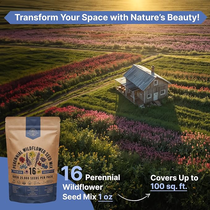 Organo Republic 16 Perennial Wildflower Seeds Mix for Indoor & Outdoors 25,000+ Non-GMO, Heirloom Wildflower Garden Seeds, 1oz Packet for Growing Wild Flowers to Attract Bees, Butterflies & Birds