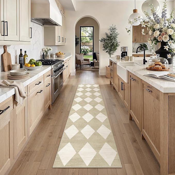 2'6x8 Washable Runner Rug Kitchen Beige Non Slip Checkered Carpet | Soft, Low Pile, Easy Clean, Diamond Pattern for Hallway, Entryway, Laundry Room, Bathroom, Modern Neutral Decor