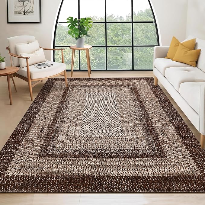 RUGSREAL 9x12 Living Room Large Washable Rug Non Slip Geometric Carpet | Indoor Throw Floor Cover Farmhouse Rustic Area Rug Modern Geometric Border Carpet for Bedroom Home Decor, Brown