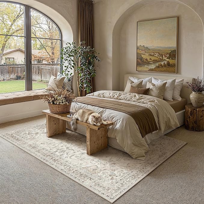 Beige Area Rug 6x9 Living Room Vintage Floral Non-Slip Carpet | Machine Washable, Soft, Low Pile, Distressed, Large for Bedroom, Dining Room, Office, Retro Neutral Decor
