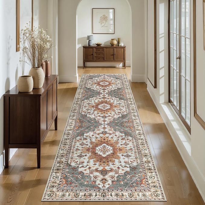 Tangsoo 2.6x8 Washable Runner Rugs for Hallway, Non Slip Vintage Turmeric | Farmhouse Soft Low Pile Long Runner, Boho Oriental Carpet Hallway Runners for Kitchen Bedroom Entryway Living Room Home Decor