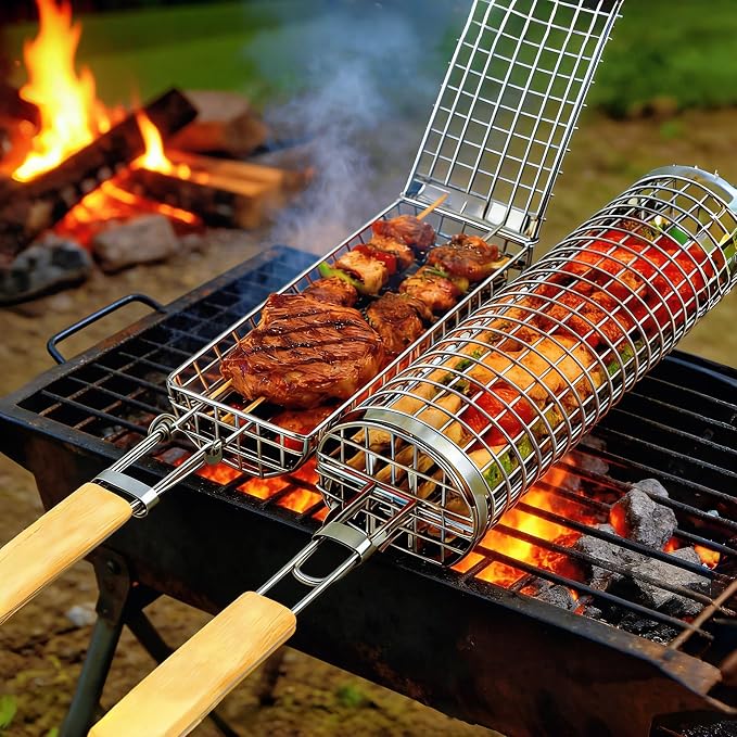 2 Pcs Rolling Grill Baskets for Outdoor Grill Accessories, BBQ Grilling Basket for Vegetables Shrimp Kebob, Thickened Stainless Steel Mesh, Split-Body Design, Perfect Grill Gift for Men, Dad, Husband