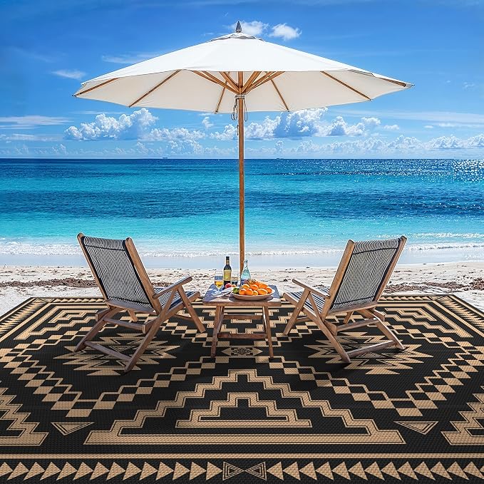 GENIMO Outdoor Rug for Patio Clearance - 10x14 ft Waterproof Plastic Camping Rugs, Reversible Outside Rv Mat Carpet for Porch, Deck, Picnic, Balcony, Beach, Backyard, Black Brown