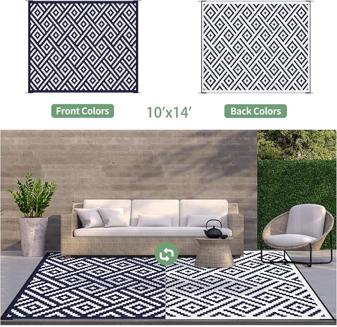 GENIMO Outdoor Rug for Patio Clearance, 10'x14' Waterproof Large Camping Mat, Reversible Plastic Straw Rugs for RV, Camper, Balcony, Backyard, Picnic, Deck (Navy Blue & White)