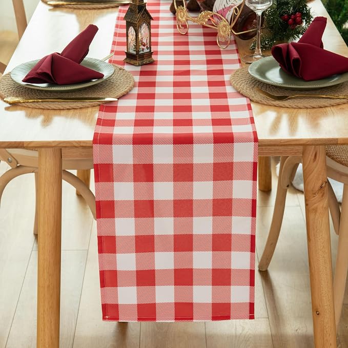 Waterproof Checkered Tablecloth Runner Fabric - Rectangle 12x108 Inch Classic Gingham Buffalo Plaid Table Cloth for Indoor/Outdoor Use - Table Cover for Kitchen, BBQs, and Parties