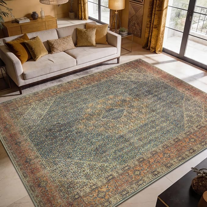 Keen Home Design 10x14 Rug - Machine Washable Area Rug with Non-Slip Backing, Ideal for Living Room, Dining Room, Bedroom - Vintage, Easy Clean, Durable, Low Pile Rug - (9'7" x 14')
