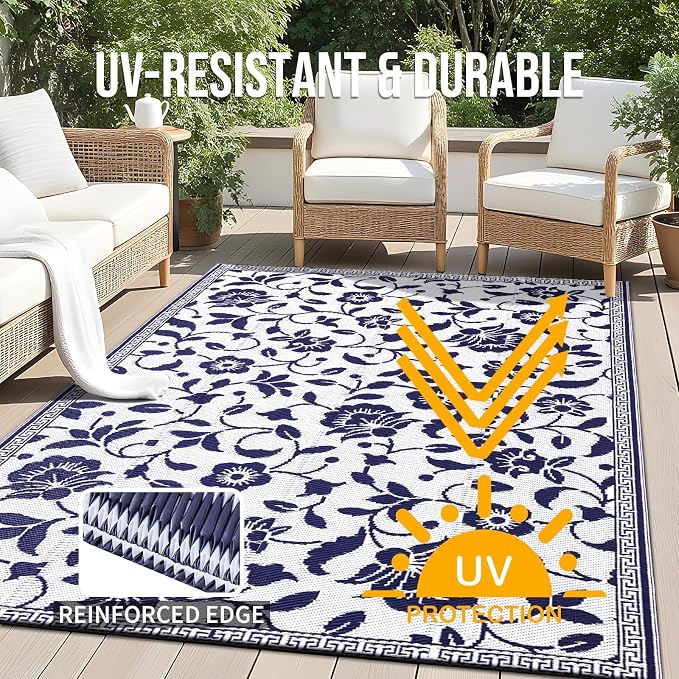 OLANLY Waterproof Outdoor Rug 4x6 ft, Outdoor Plastic Straw Rug with Flower Pattern, Reversible RV Mat for Patio, Camping, Balcony, Deck, Backyard, Navy & White