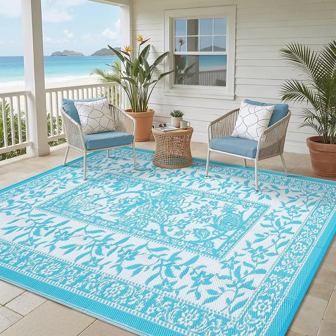 Garvee Outdoor Rug 8x10, Waterproof Reversible Foldable Plastic Straw Rug, Botanical cottagecore Outdoor Rugs Patio Camping RV Carpet for Deck Camper Porch Balcony Backyard Picnic Beach Blue