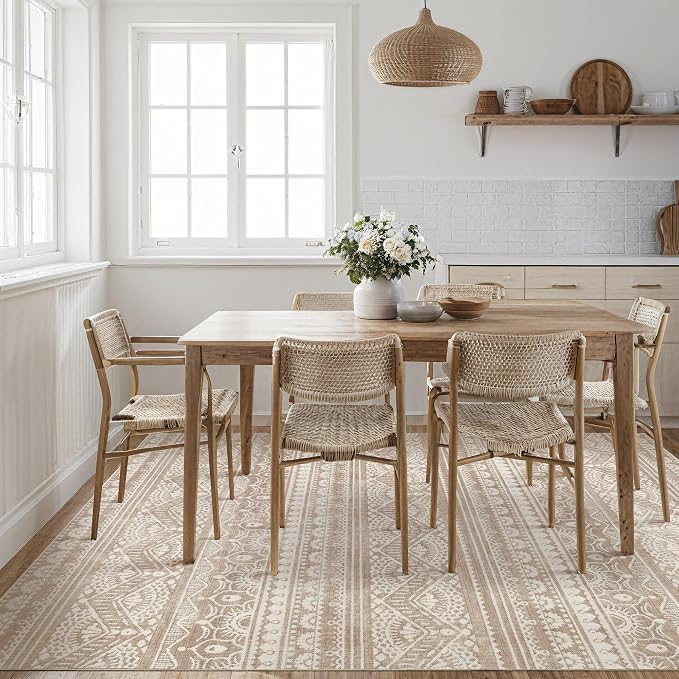 Tortania Area Rug Living Room Rugs - 9x12 Washable Large Soft Neutral Boho Moroccan Bohemian Farmhouse Rug Indoor Floor Carpet for Bedroom Under Dining Table Home Office Decor - Light Brown